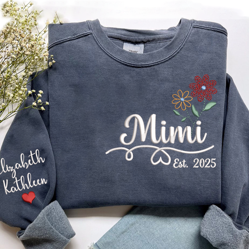 Personalized Embroidered Name Sweatshirts with Flowers, Gifts For Grandma And Kids