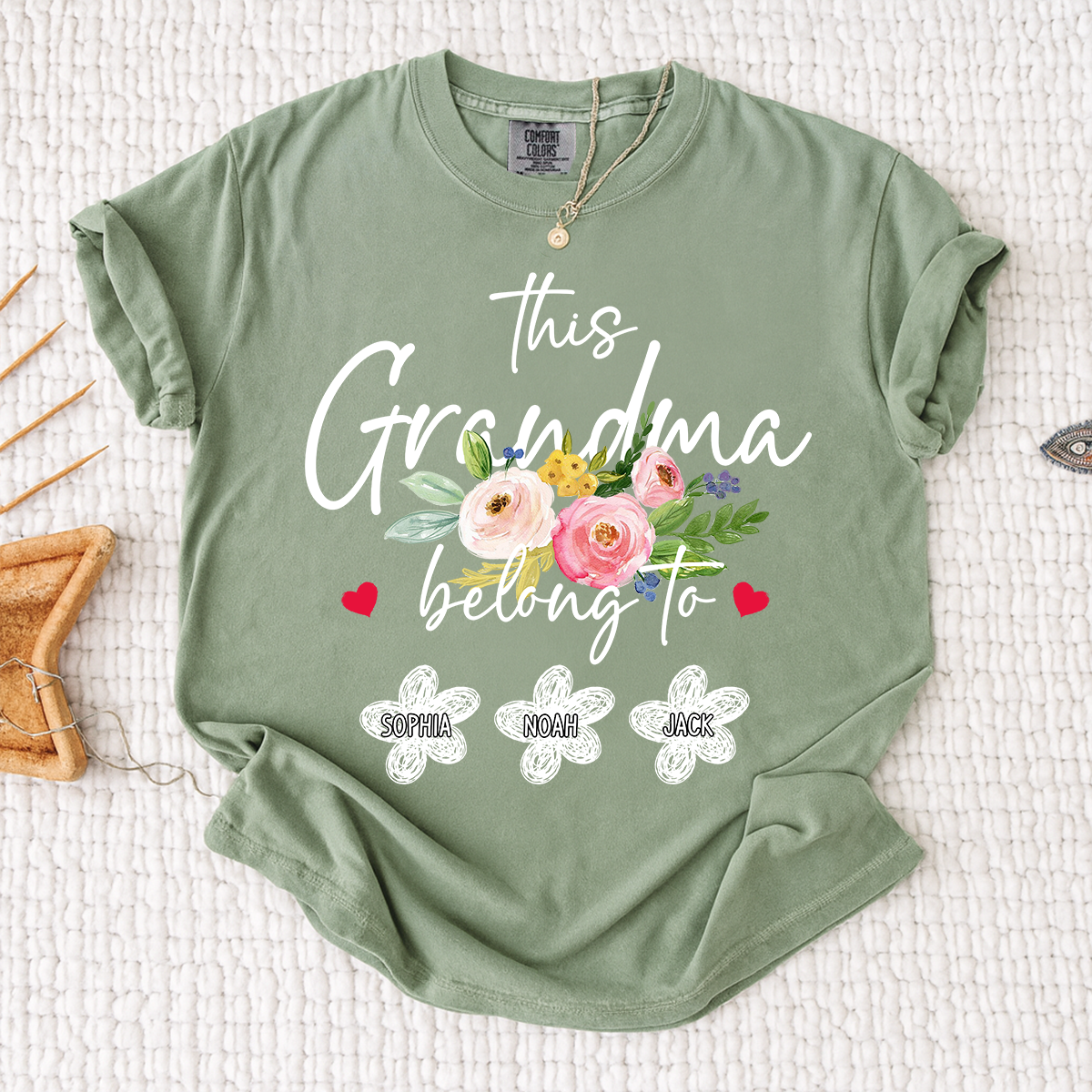 Comfort Colors Custom Grandma T-Shirt, This Grandma Belongs to Personalized with Kids Names and Flower Design