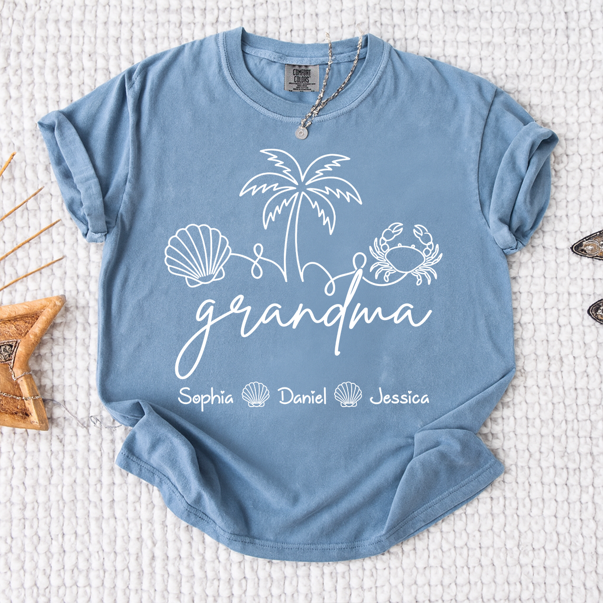 Comfort Colors Personalized Grandma Shirt with Grandkids Names, Custom Beach Line Art Tee, Palm Tree Shell Crab Family T-Shirt