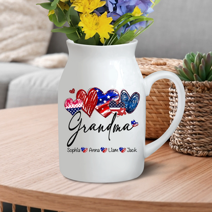 Heart Flag Grandma And Kids - Custom Home Decoration Flower Vase According To Family Requirements - Warm Gift For Mother's Day, Ceramic Flower Vase
