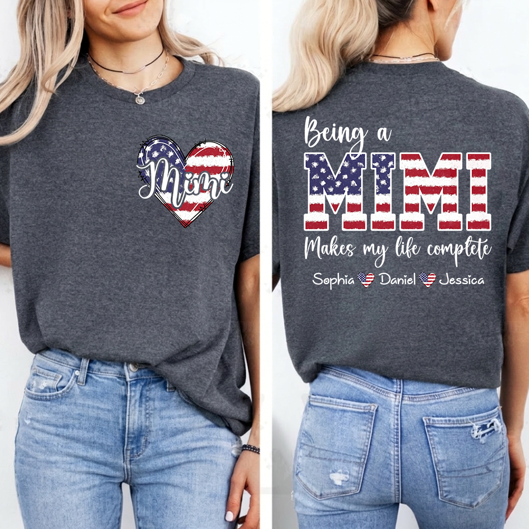 Mimi American Flag Heart Shirt, Personalized Grandma T-Shirt with Children’s Names, Gift for Mom or Nana