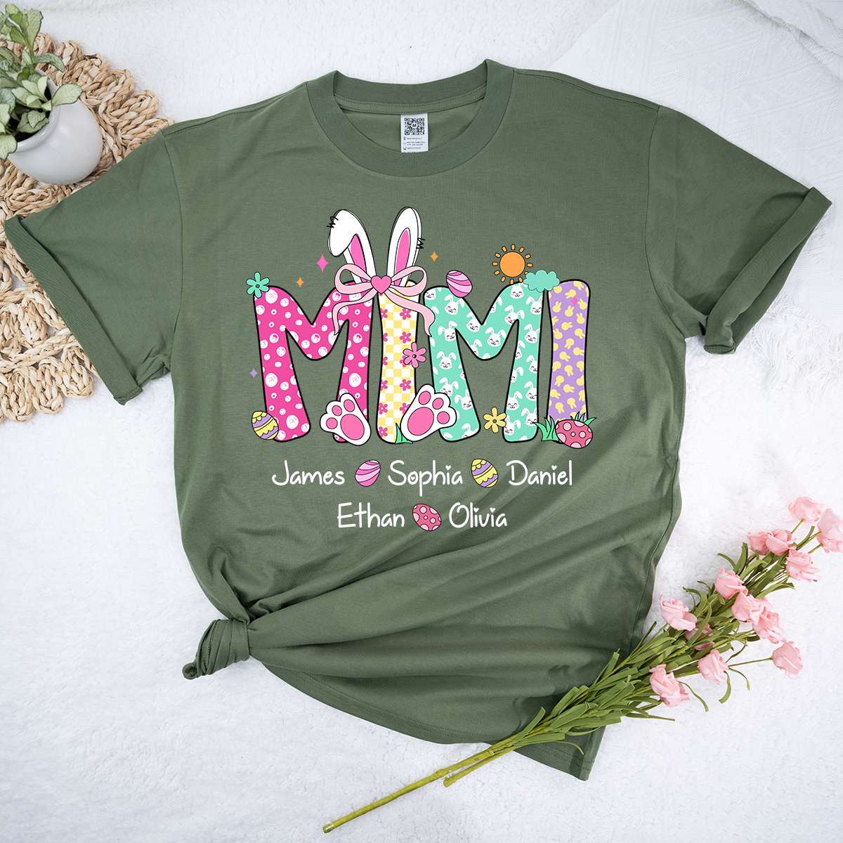 Personalized Gigi Easter Shirt With Bunny Ears, Custom Gigi Shirt With Grandkids Names