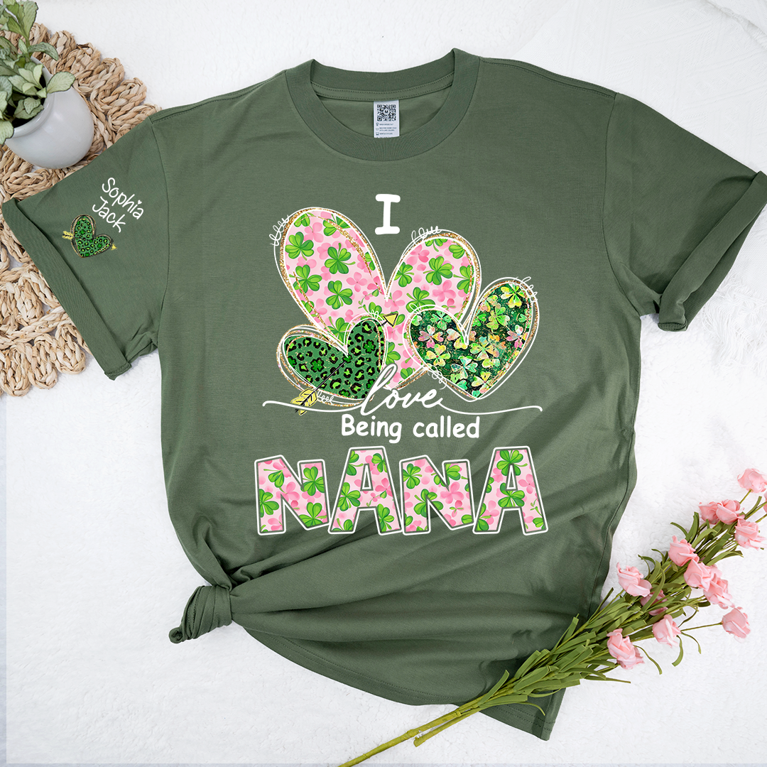 I Love Being Called Nana Shirt, St Patrick’s Day Floral Heart Family T Shirt, Gift For Grandma And Kids