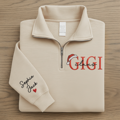 Personalized Christmas Gigi Claus Zip Embroidered Sweatshirt – Custom Grandma Gift With Grandkids Names