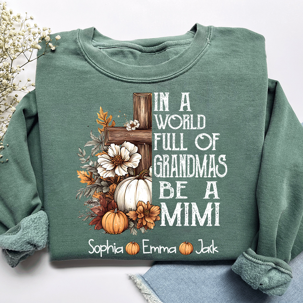 Personalized Mimi Fall Shirt, In A World Full Of Grandmas Be A Mimi Pumpkin Tee, Custom Grandkids Names T Shirt for Women