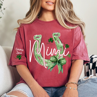 Mimi St Patrick’s Day Shirt, Lucky Horseshoe Shamrock Family T Shirt, With Grandma And Kids Names