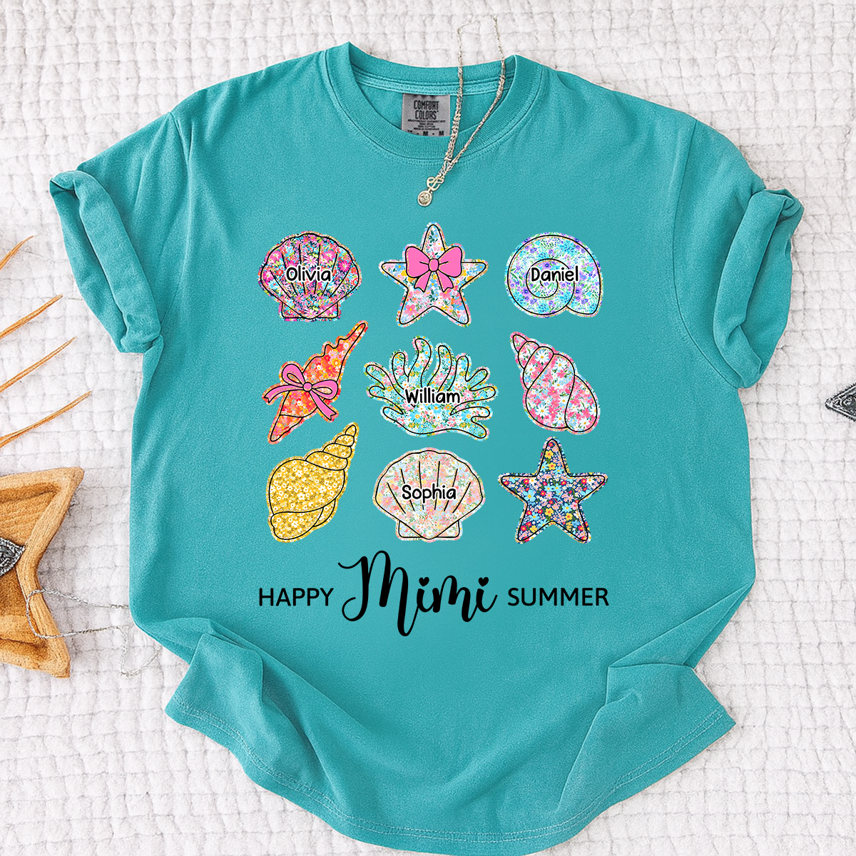 Comfort Colors Personalized Mimi Summer Beach Shirt with Grandkids Names, Custom Grandma Seashell Starfish T Shirt for Women