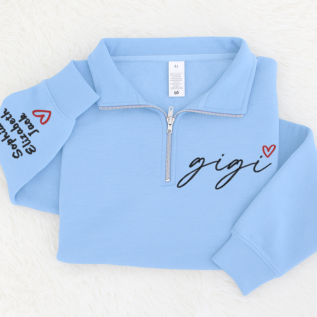Personalized Hand Embroidered Gigi Est Sweater, Gift for Grandma and Kids Quarter Zip Sweater