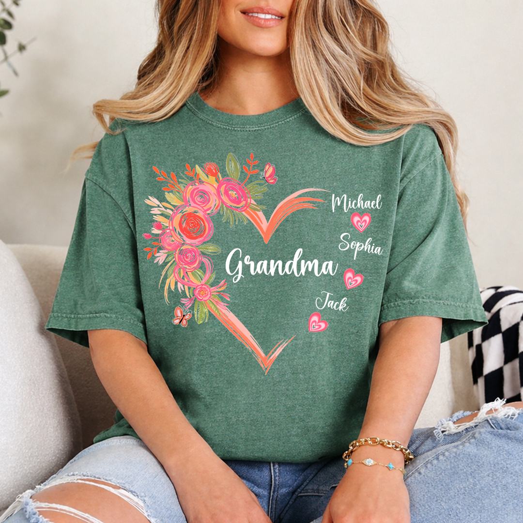 Personalized Grandma Floral Heart Shirt with Grandkids Names, Family Love T Shirt Gift