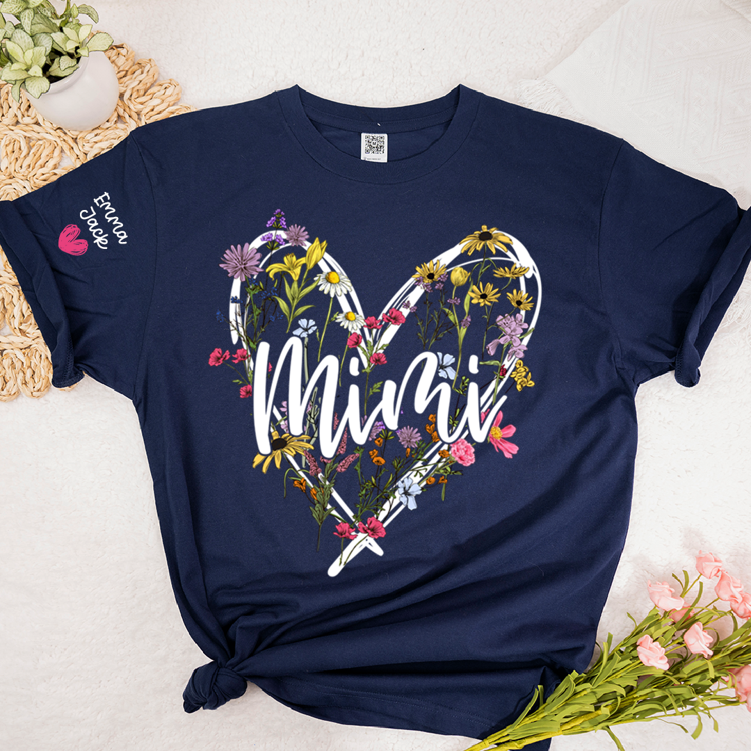 Personalized Mimi Shirt with Grandkids Names, Floral Heart Design Family Tee