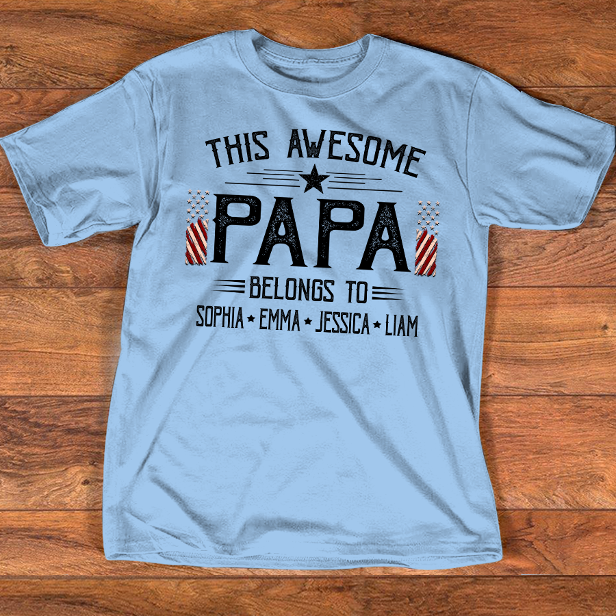 Custom This Awesome Papa T Shirt, American Flag Graphic, Personalized with Family Names for Papa