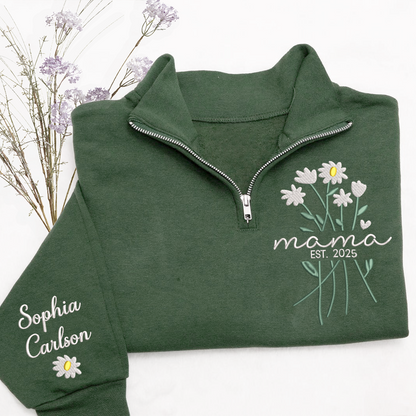 Custom Embroidered Mama Sweatshirt – Quarter Zip Floral Pullover for Mom