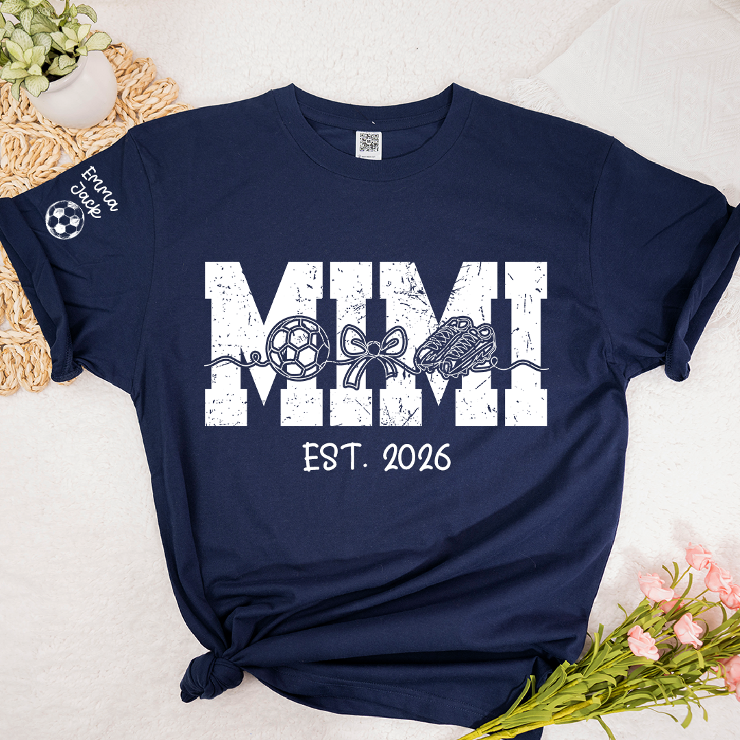 Mimi Est 2026 Soccer Grandma Shirt Personalized Grandkids Names Family T Shirt