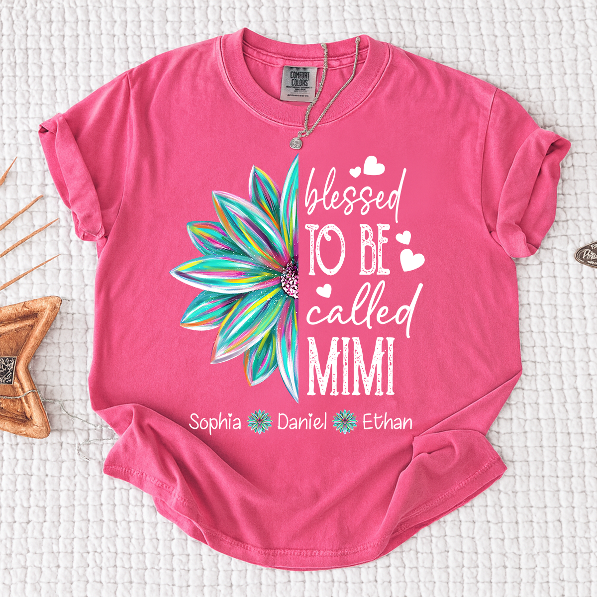 Comfort Colors Blessed To Be Called Mimi Colorful Flower T Shirt, Personalized Grandma Shirt with Kids' Names