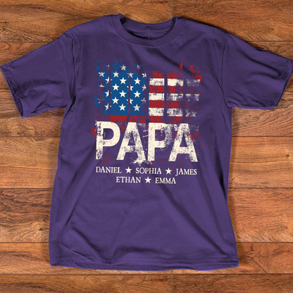 Custom Papa Shirt with Distressed USA Flag – Personalized Father Gift Featuring Grandkids or Kids Names