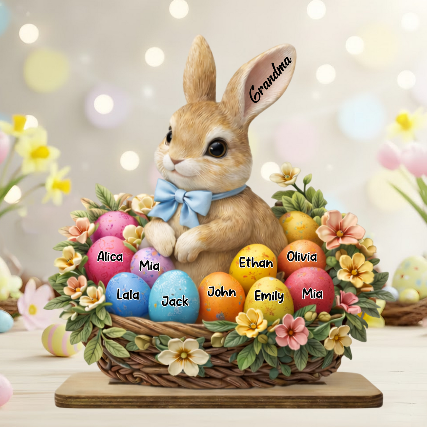 Personalized Easter Bunny Basket Wooden Plaque - Custom Grandkids' Names, "Grandma" Easter Decor with Floral and Egg Design