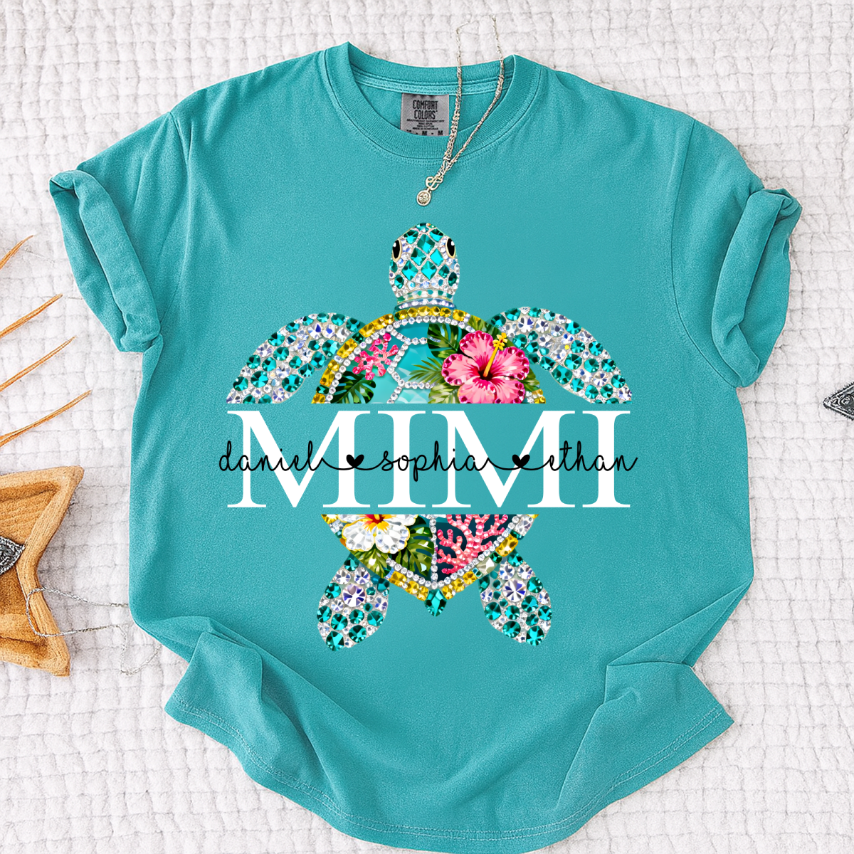 Comfort Colors Custom Mimi Turtle Monogram Shirt – Personalized Family Name Turtle Graphic Tee, Ocean Lover Gift for Women