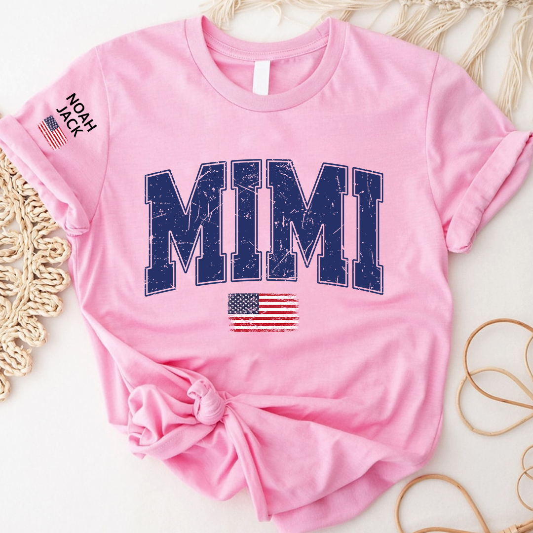 Mimi Patriotic Shirt with American Flag, Personalized Grandkids Names Family T Shirt