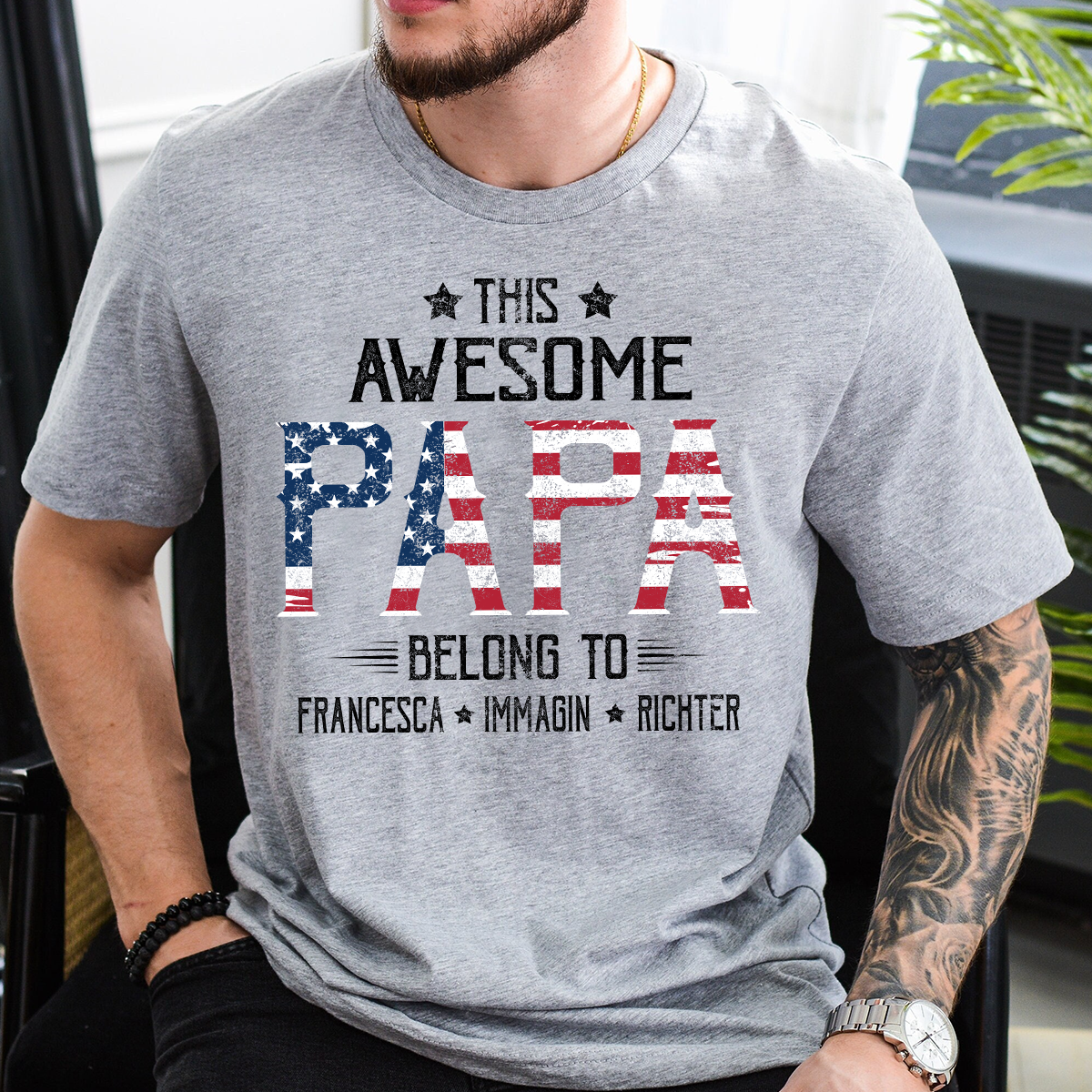 Personalized This Awesome PAPA Belongs To T Shirt, Custom Family Names with American Flag Design, Perfect Gift for Father’s Day