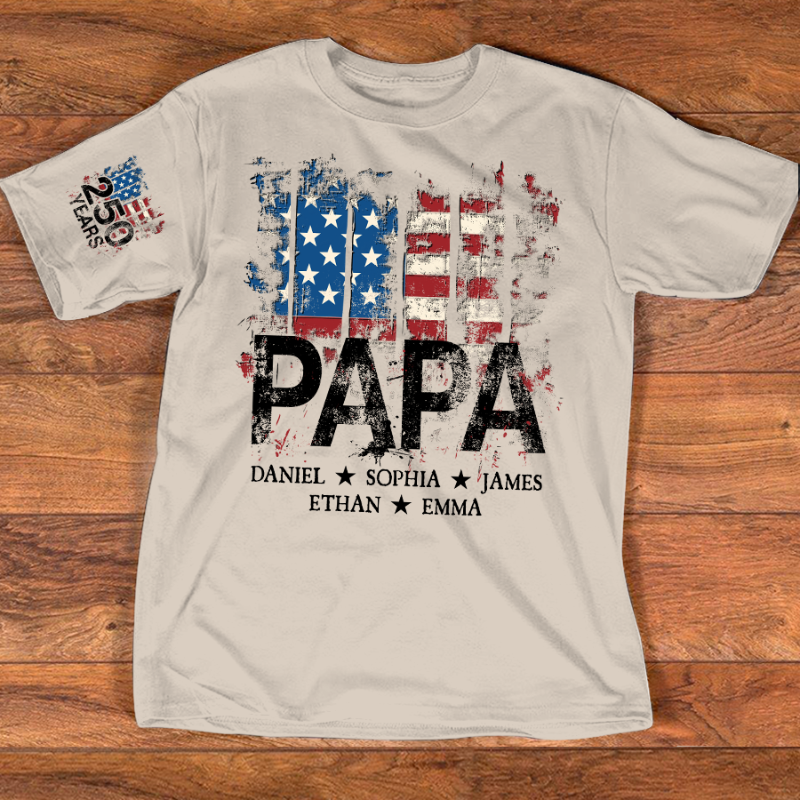 Custom Papa Shirt, 250th Anniversary USA Flag Design, Personalized with Grandkids Names, Patriotic Gift