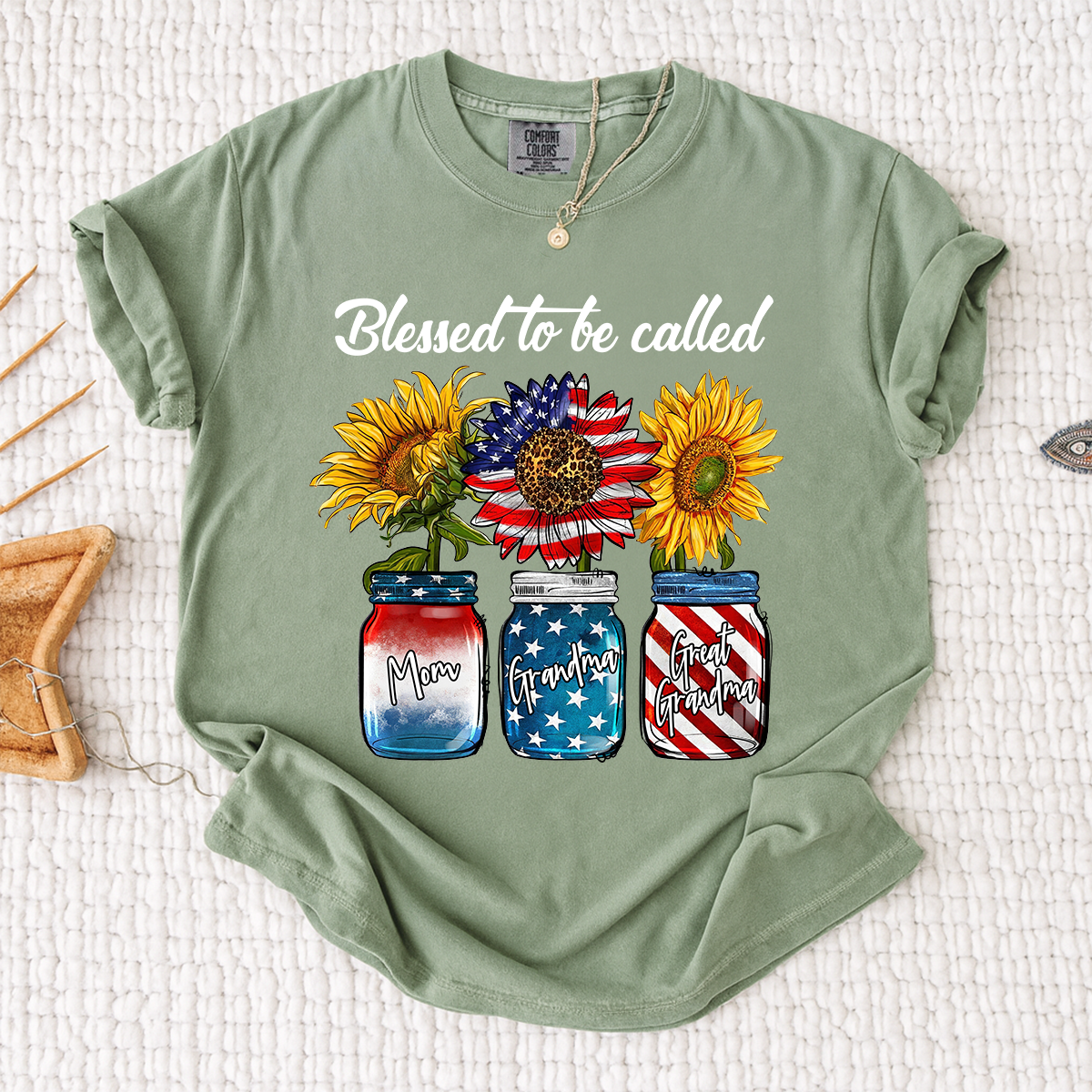 Comfort Colors Personalized Blessed to be Called Shirt, Custom Names with Sunflower and Patriotic Jar Design