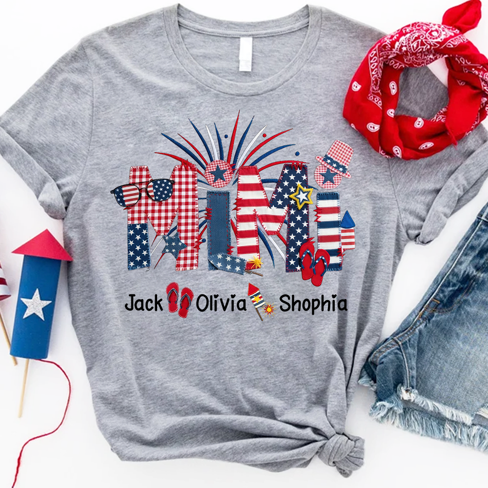 Custom Mimi Fourth of July T Shirt, USA Flag and Fireworks Theme, Personalized Gift
