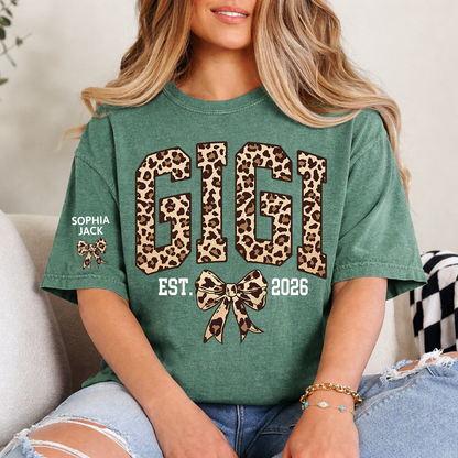 Custom Leopard Gigi, Personalized Heart T-shirt For Grandma And Kids