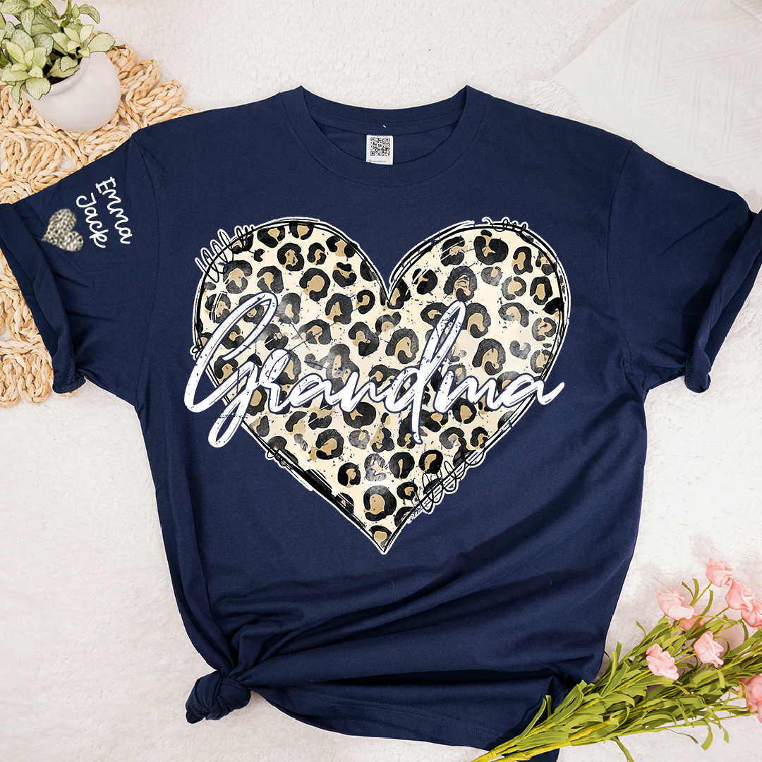Personalized Grandma Shirt with Leopard Heart Design, Custom Family T Shirt