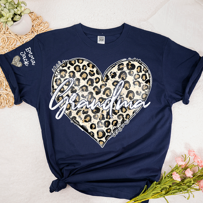 Personalized Grandma Shirt with Leopard Heart Design, Custom Family T Shirt