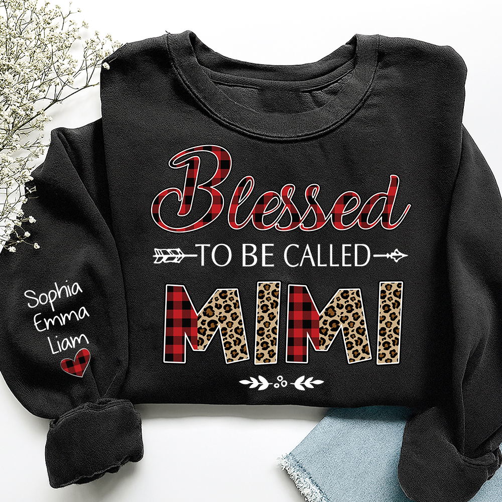 Personalized Blessed To Be Called Nana Sweatshirt With Grandkids Names, Custom Grandma Gift, Leopard Plaid Nana Crewneck