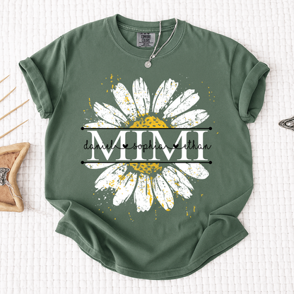 Comfort Personalized Mimi Shirt with Grandkids Names, Daisy Flower Graphic Family T Shirt
