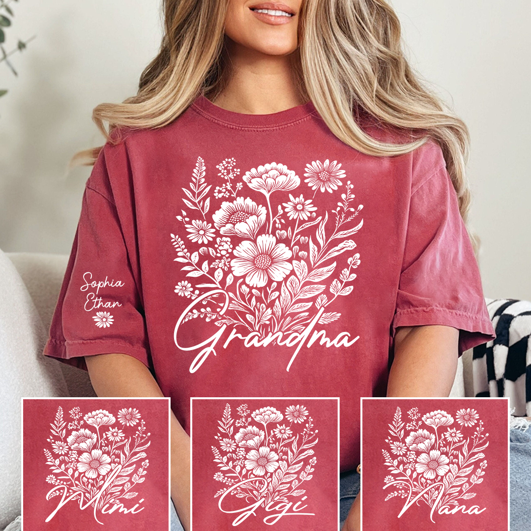 Grandma Floral Line Art Shirt, Minimalist Flower Grandma Tee, Personalized Grandma Gift, Elegant Botanical Shirt for Grandma