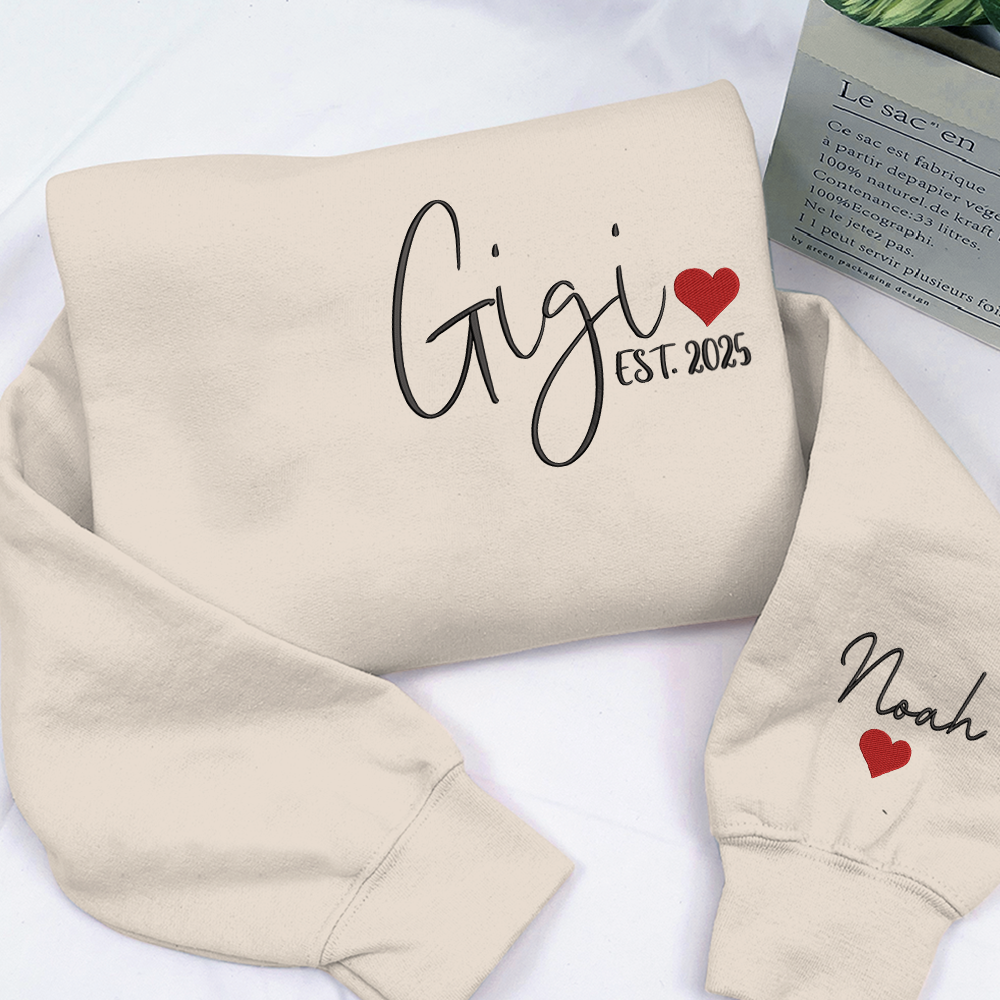Embroidered Women's Sweatshirt with Heart, Gift For Gigi And Kids
