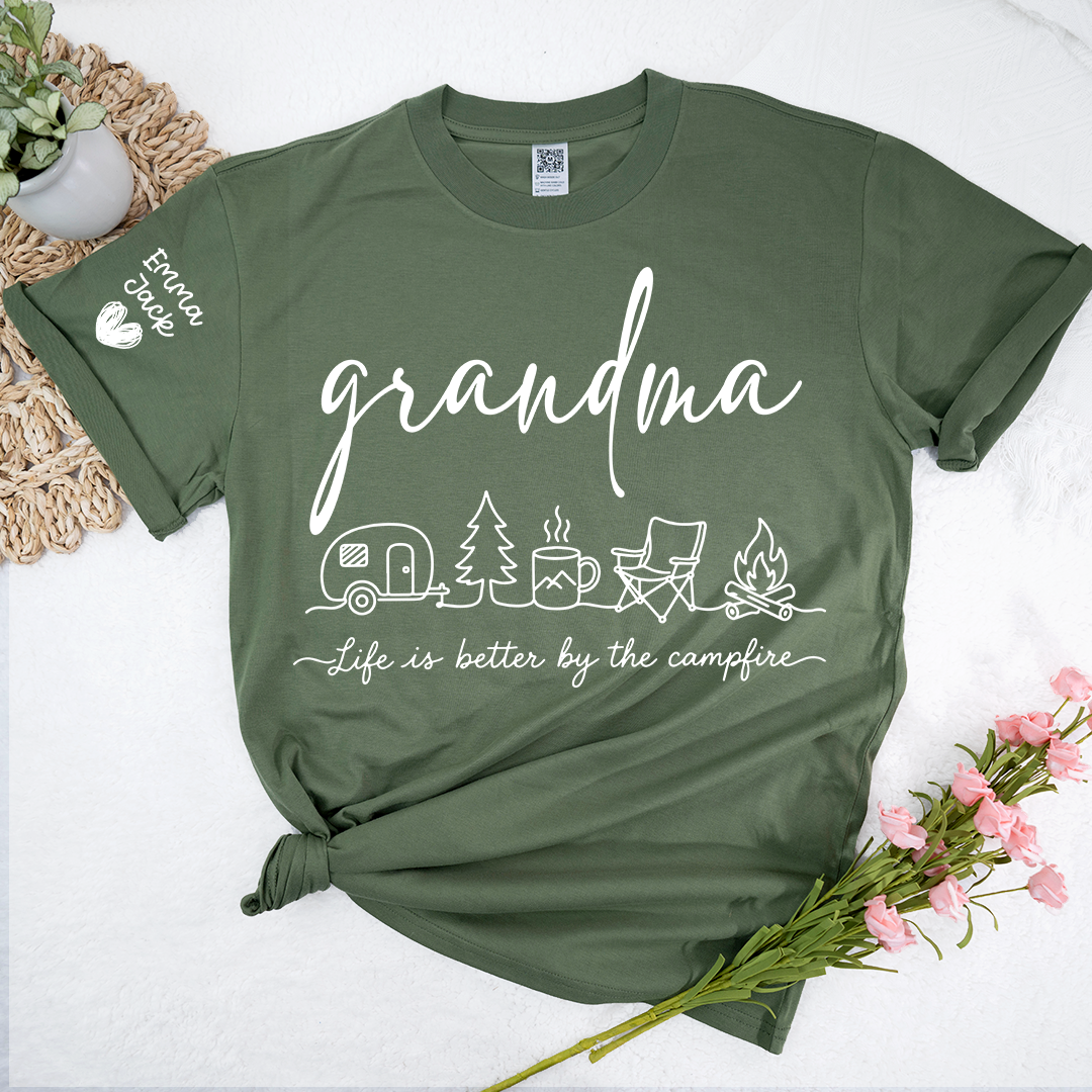 Grandma Camping Shirt, Life Is Better By The Campfire Tee, Personalized Grandkids Names Sleeve Shirt, Camping Gift for Grandma