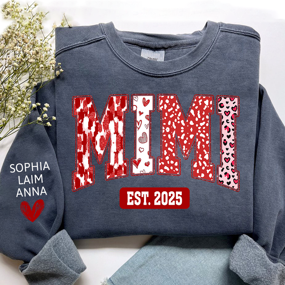 Custom Mimi Sweatshirt, Valentine Heart Pattern Pullover with Names