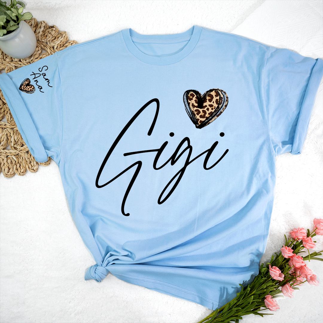 Personalized Gigi Heart Leopard Print T-shirts Custom Family T-Shirt with Heart Shape and Name