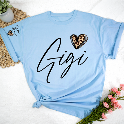 Personalized Gigi Heart Leopard Print T-shirts Custom Family T-Shirt with Heart Shape and Name