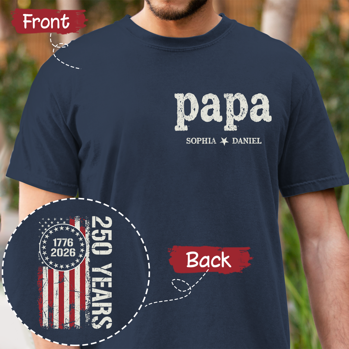Papa Custom T Shirt, Personalized with Kids Names, Patriotic 250 Years of America Flag Design, Idea for Father’s Day