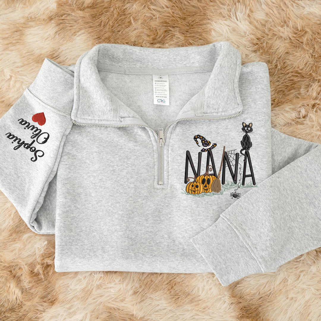 Personalized Nana Halloween Quarter Zip, Custom Embroidered Pumpkin Sweatshirt