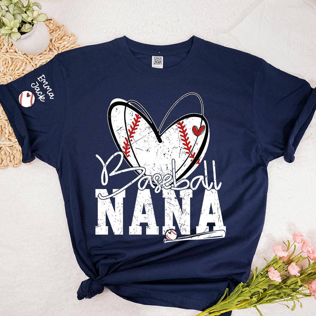 Baseball Nana Shirt, Personalized Family T Shirt with Custom Grandkids Names and Heart Design