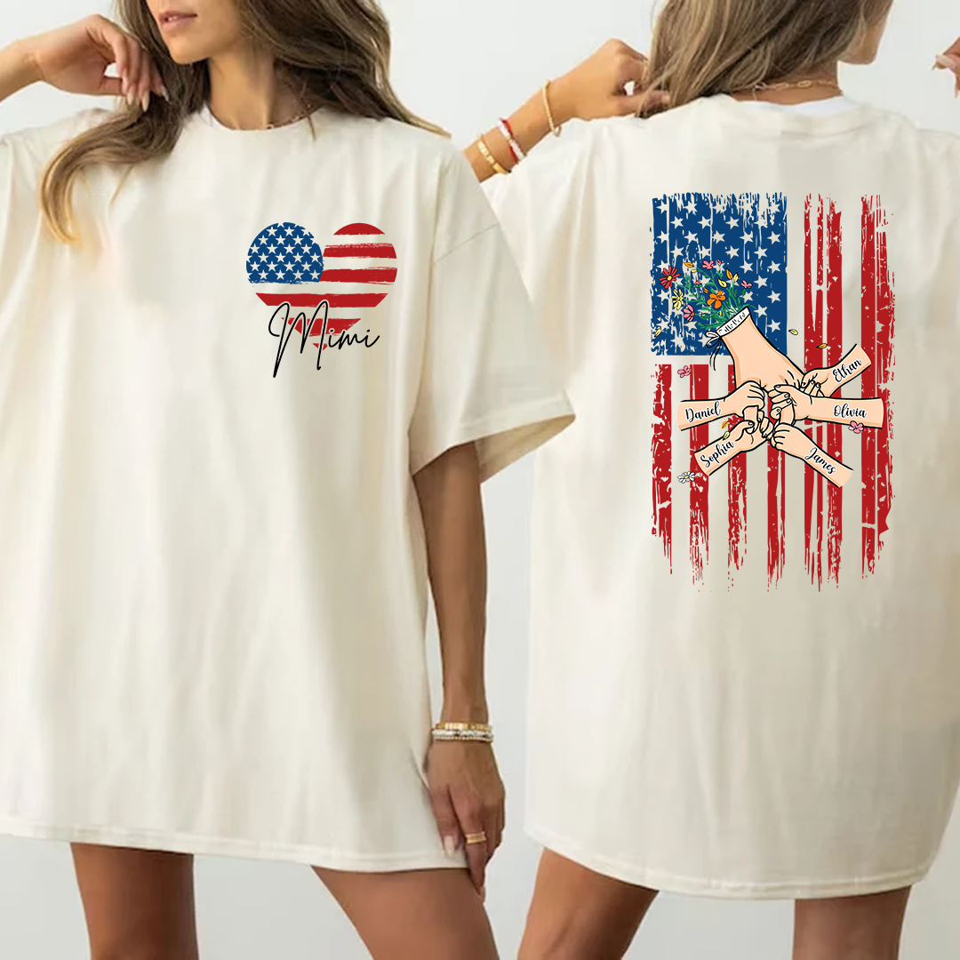 Custom Mimi T Shirt with USA Flag Heart, Personalized Grandma Shirt with Family Names on Back