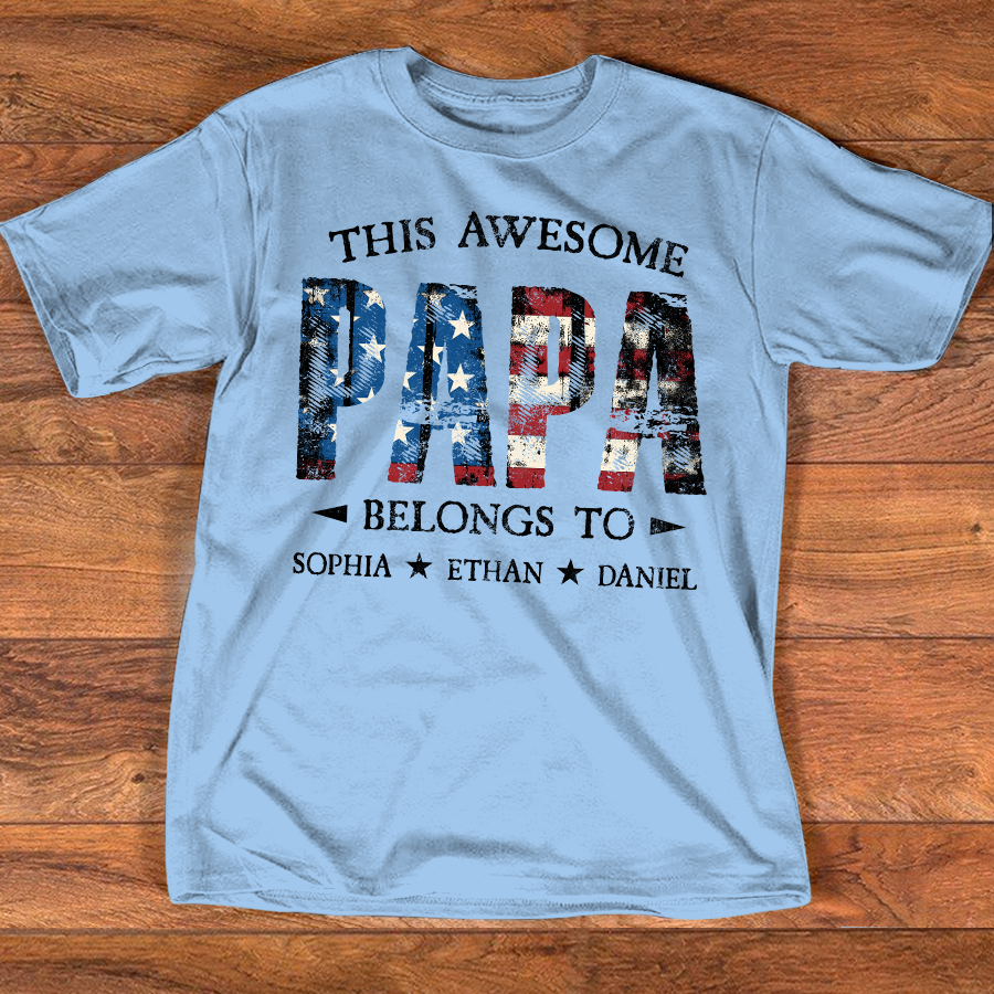 Custom This Awesome PAPA T Shirt, Personalized with Kids Names, Unique American Flag Design for Father's Day