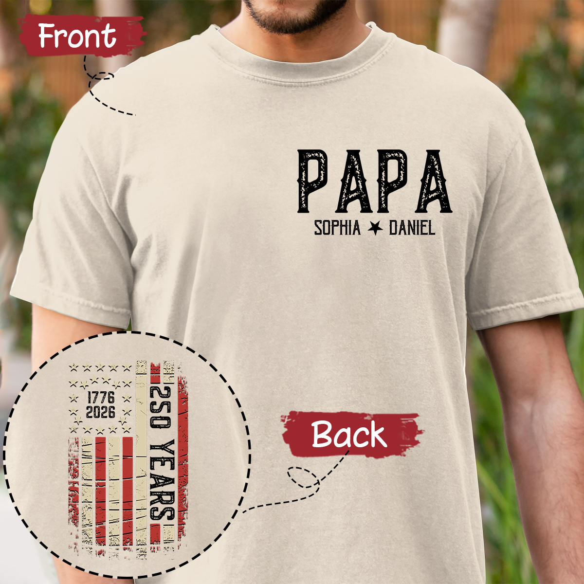 Personalized Papa Shirt, Custom Family Names T Shirt, 250th Anniversary American Flag Design, Patriotic Gift for Papa