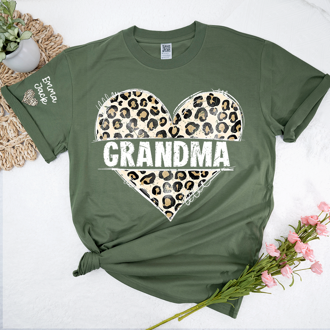 Leopard Heart Grandma Shirt, Personalized Grandkids Names Family T Shirt