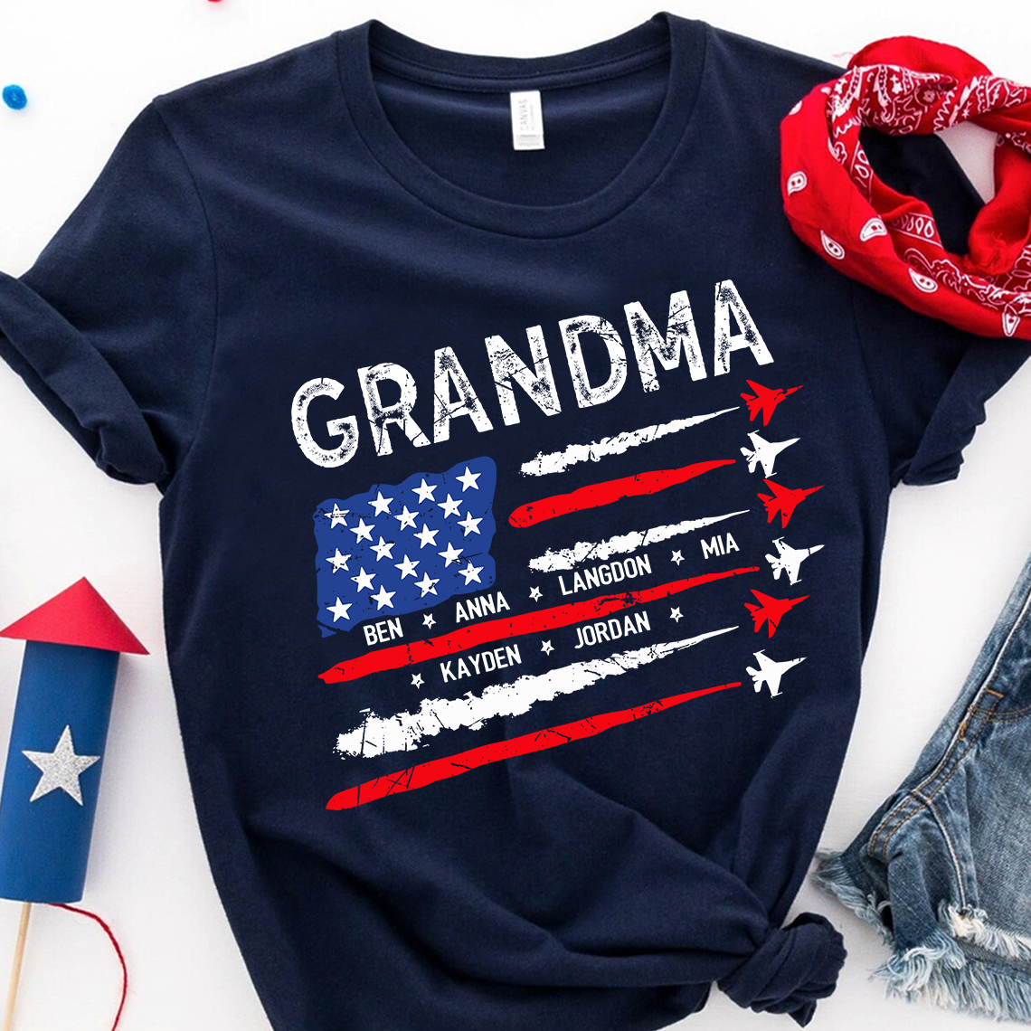 Patriotic Grandma Shirt with American Flag and Fighter Jet Design for 4th of July