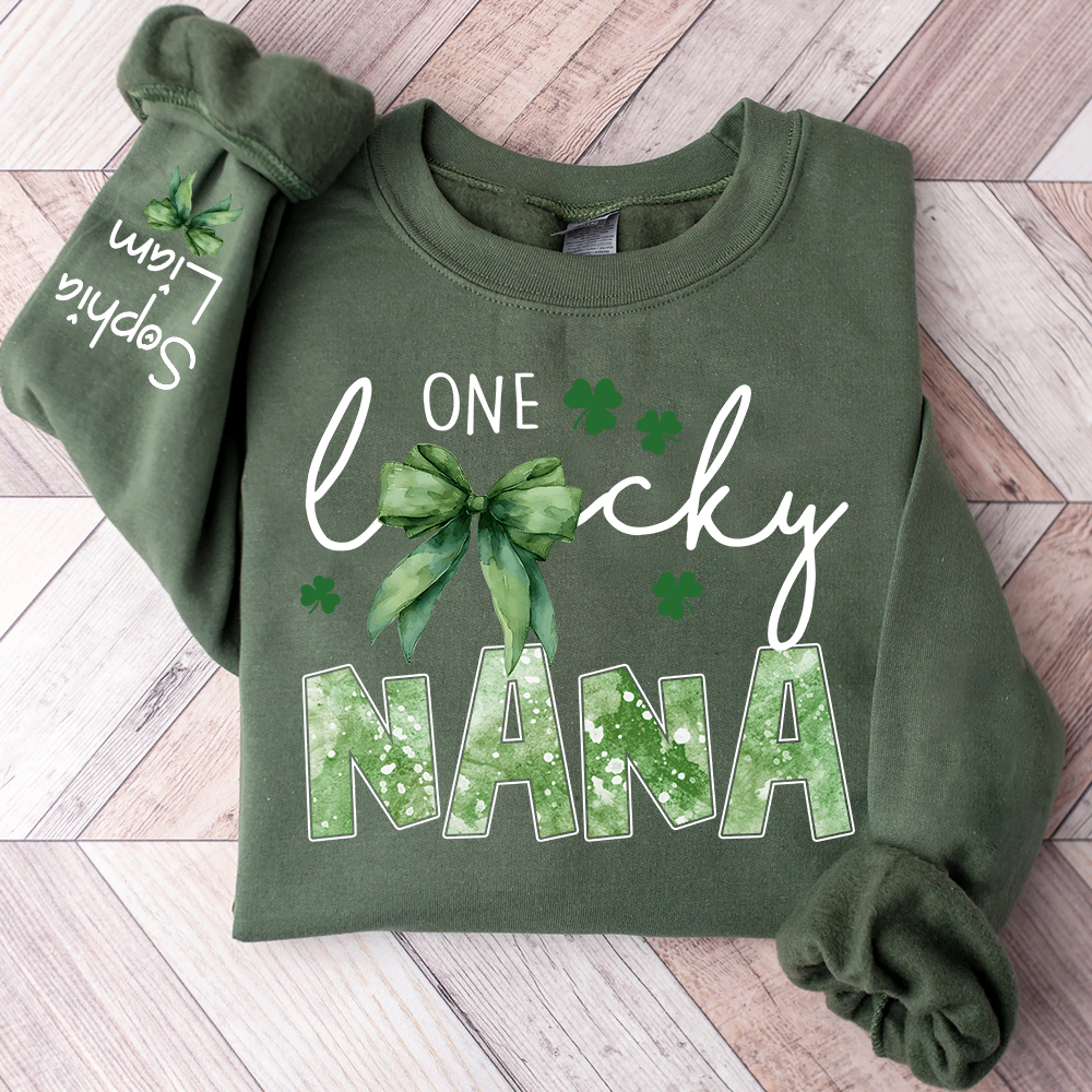 One Lucky Nana Sweatshirt for St Patrick’s Day, Personalized Grandma Shamrock Clover Sweatshirt with Kids Names