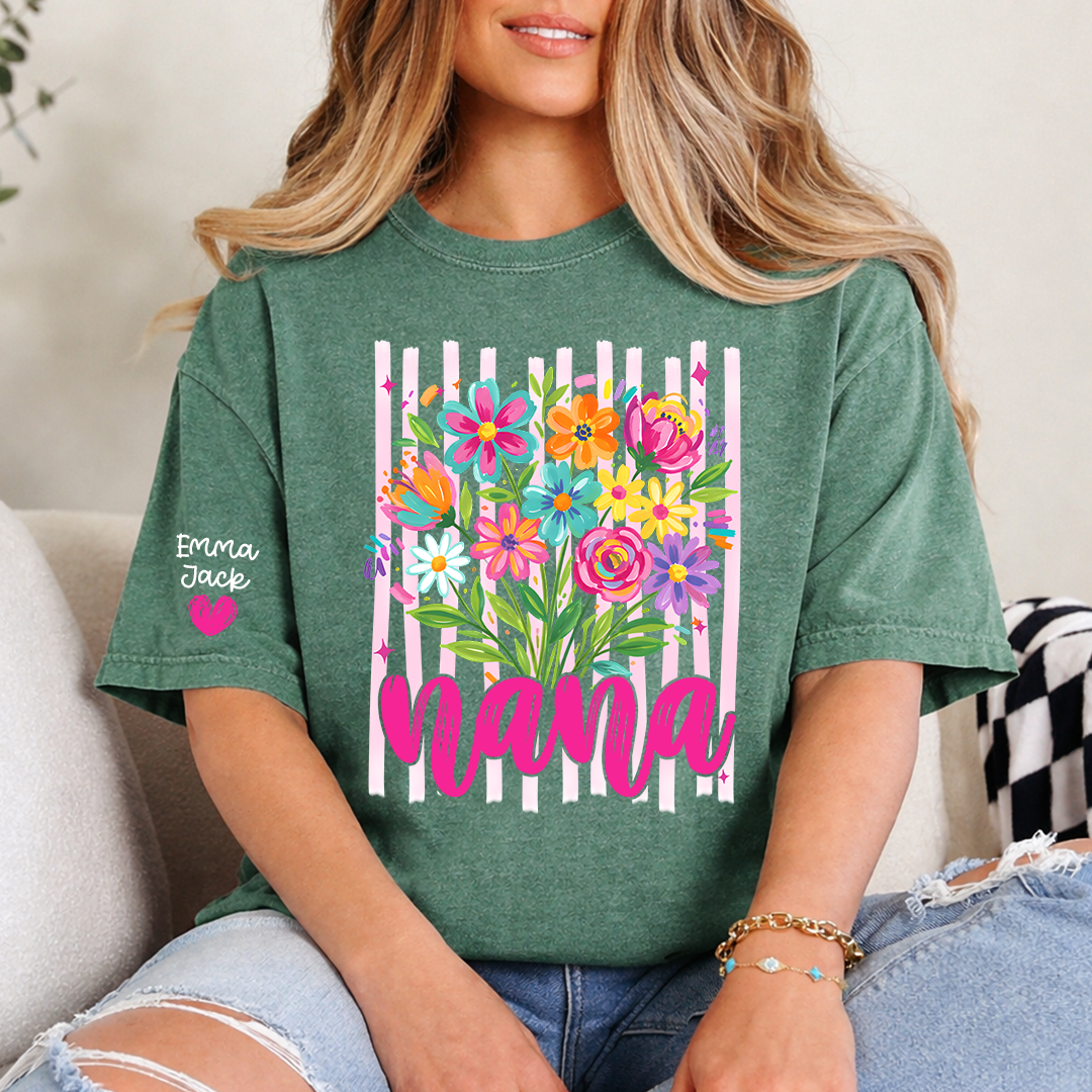 Custom Striped Wildflowers Nana T-Shirt, Trendy Ditsy Floral Gift for Grandma And Kids