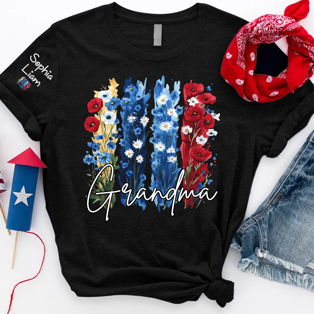 Personalized Grandma Shirt with Floral Design, Custom Grandma Gift, Perfect Mother's Day, 4th of July T Shirt