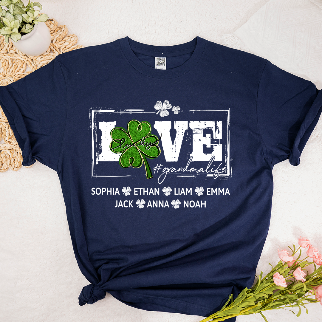 Grandma St Patrick’s Day Shirt, LOVE Shamrock Grandmalife Personalized Family T Shirt