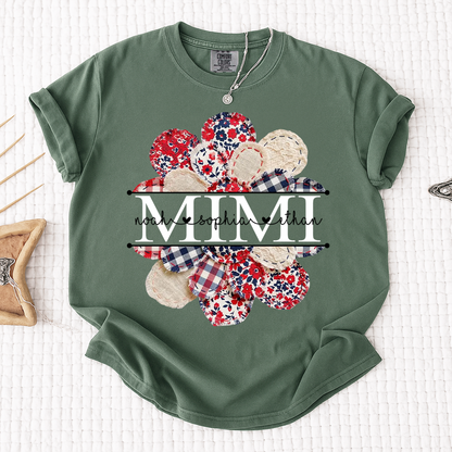 Comfort Colors Custom Mimi T-shirt with Grandkids Names, Red and Blue Floral Patchwork